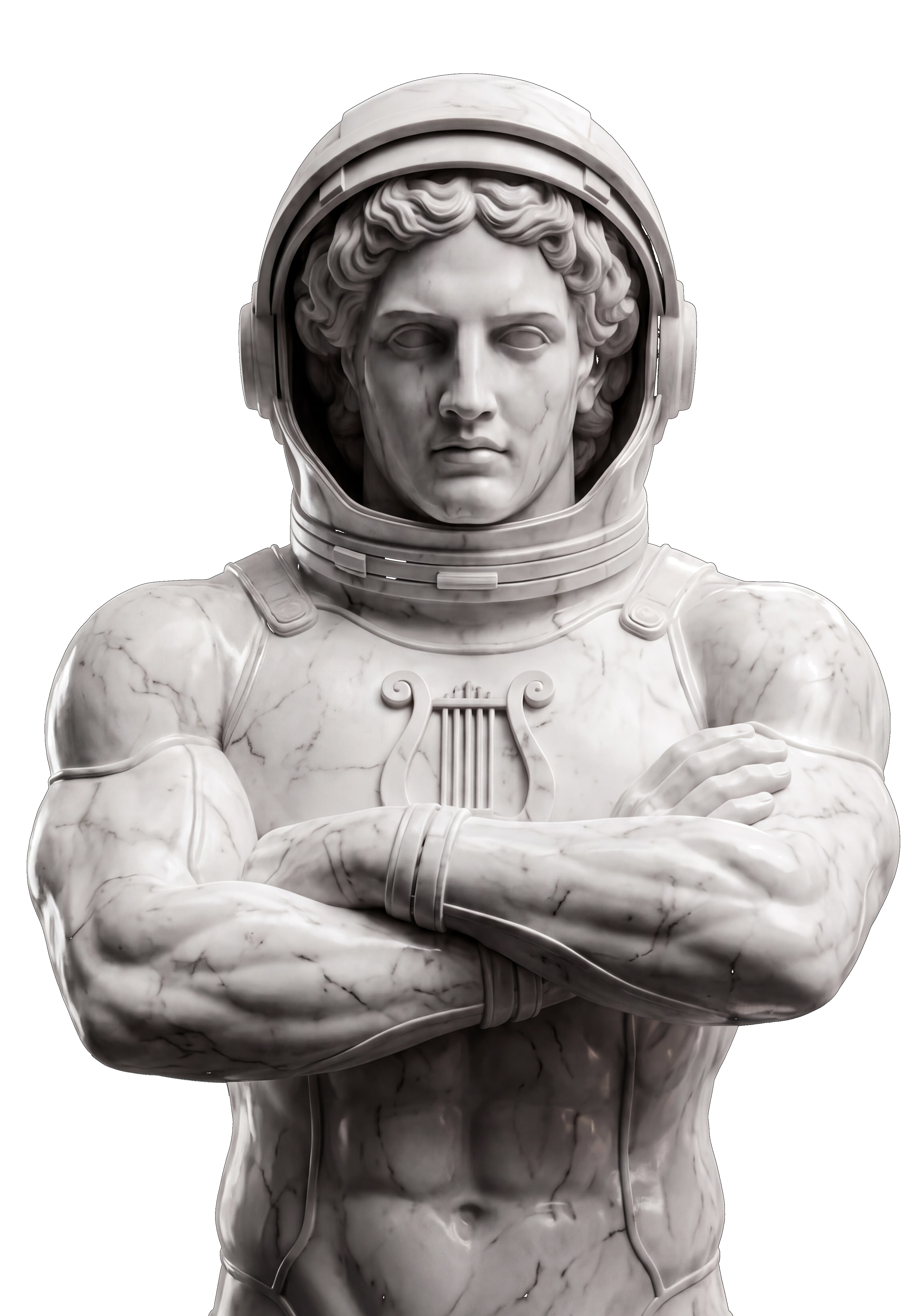 Classical statue wearing an astronaut helmet